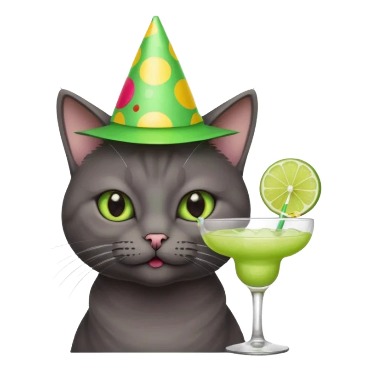 An old, dark grey cat is wearing a party hat, and drinking a margarita. sticker