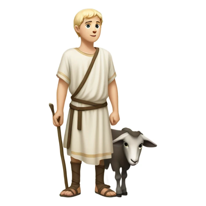 young shepherd with blond hair 10th century with short tunic and goat sticker