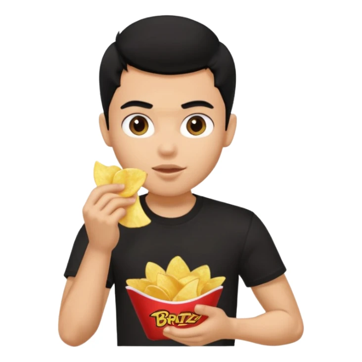 a pretty bratz guy with curly black hair in in black tshirt eating chips sticker