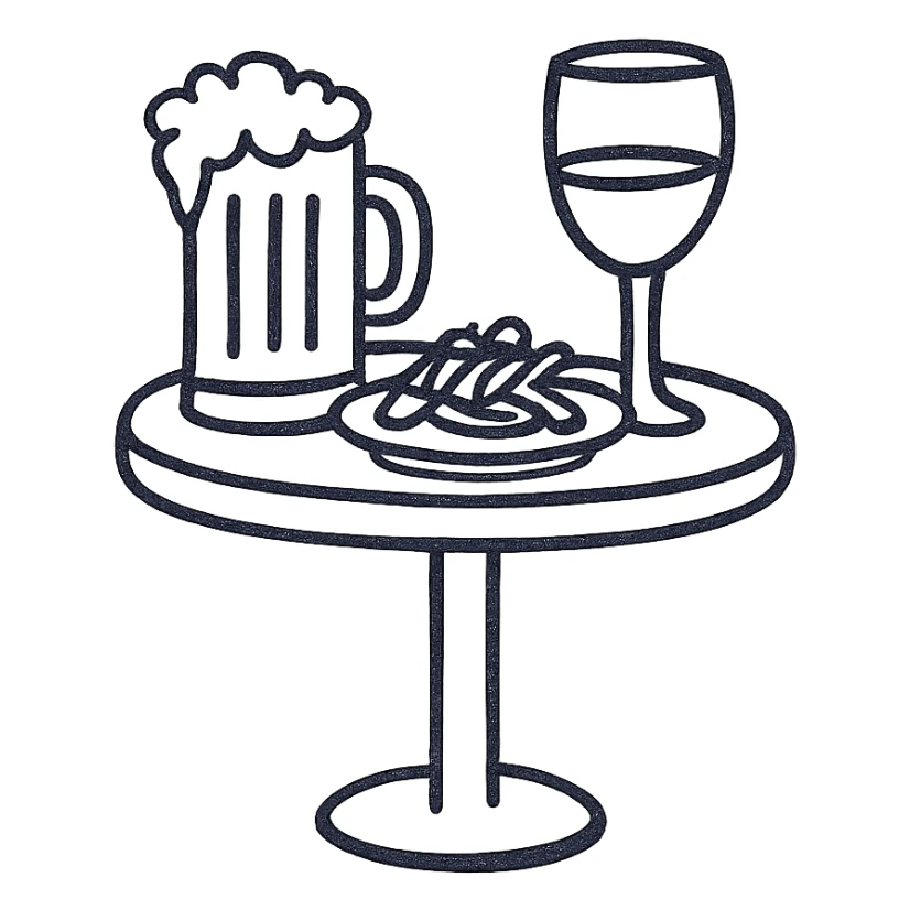 cute line drawing for coloring: a bar table with snacks and drinks, simple line style, no fill, for children to color sticker