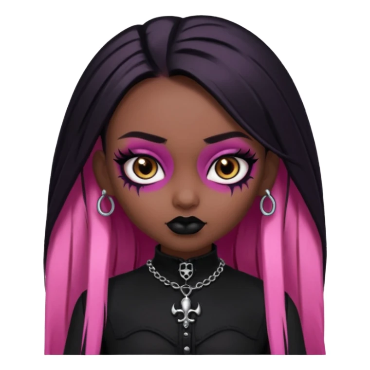 dark skin, goth bratz baddie, beautiful brown eyes, gothic black makeup, long straight black-pink hair, black gothic hair styled, black goth clothes sticker