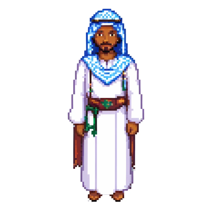 Saudi man in traditional dress, pixel art style sticker