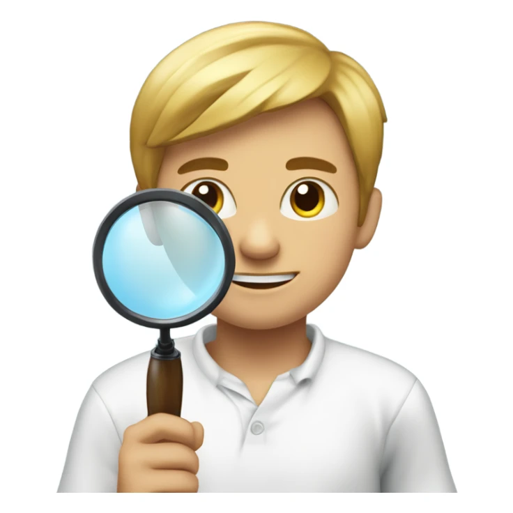 boy in white shirt indoors, with cofia and Magnifying sup sticker