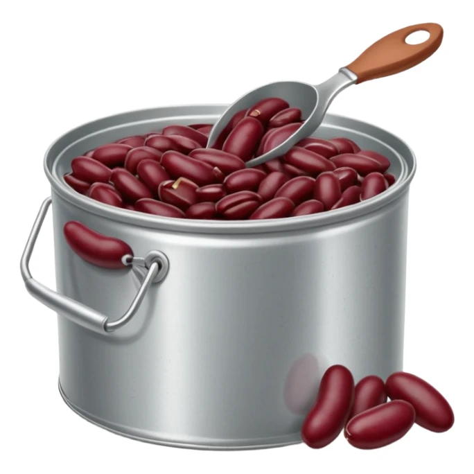 open metal can filled with glossy dark red kidney beans in thick slightly starchy liquid, beans plump smooth gently mounded in plain partially opened tin can, no label or extras, apple emoji style, soft lighting, subtle shadows, transparent background, emoji scale sticker