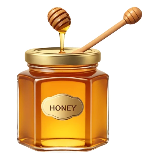 small honey jar, golden amber honey, glossy glass, subtle reflections, dense smooth honey, simple lid, blank label optional, minimal honey dipper, 3D rendered, clean, soft lighting, no faces, transparent background sticker