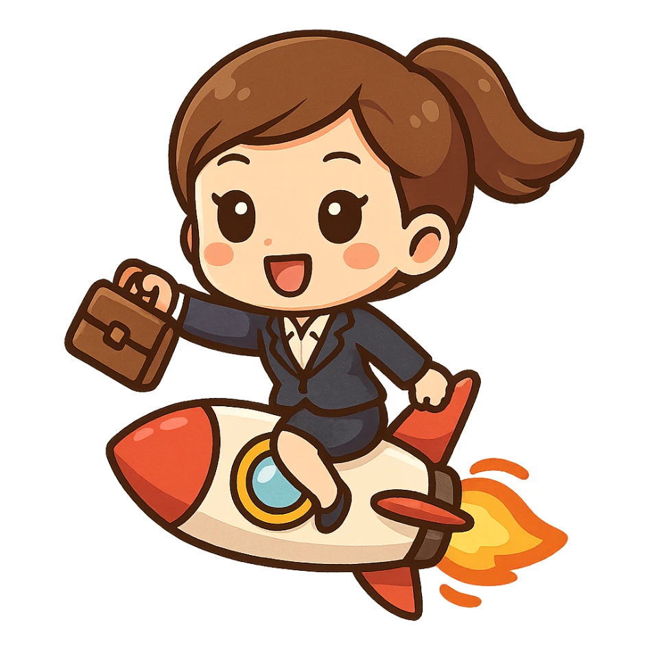 rocket emoji with a businesswoman riding the rocket, briefcase in hand, energetic and uplifting mood sticker