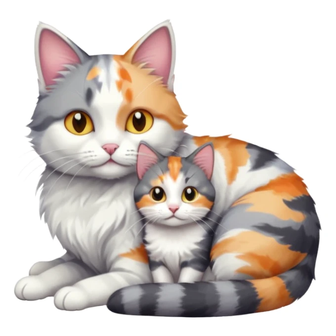 grey and white cat cuddling a colourful light patched calico + white tabby cat sticker