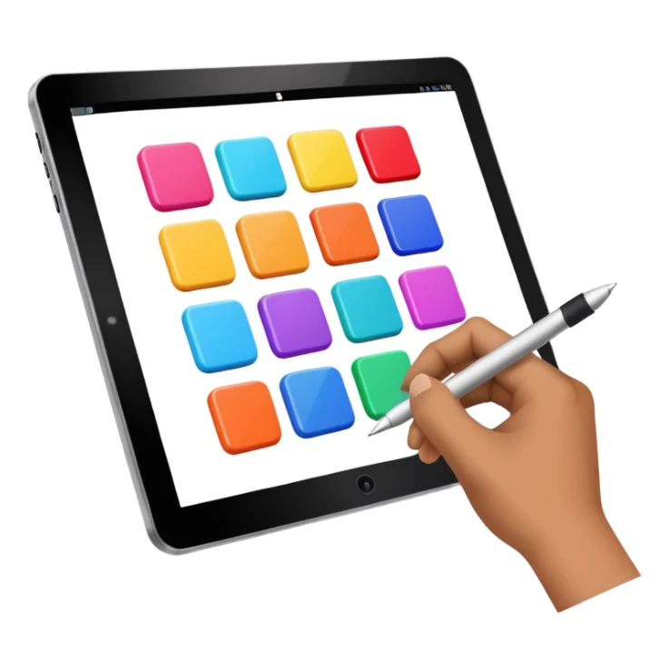 A hand having a digital pen drawing colorful rectangules on a tablet sticker