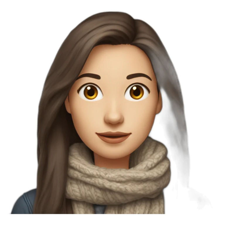 white female data science engineer with dark brown straight long hair in a tech startup wearing woolly scarf and wearing a coffee mug - only headshot sticker