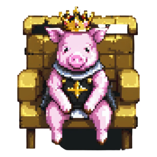 minimal abstract pixel art pig with a golden crown sitting on a throne, blocky and square like Minecraft, very few pixels sticker