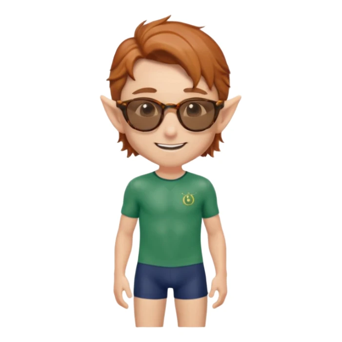elf male legolas portrait, classic navy swim trunks, timeless wayfarer sunglasses (tortoiseshell), windswept auburn hair, friendly smile, clear pointy ears, no background, centered emoji, iconic summer look sticker