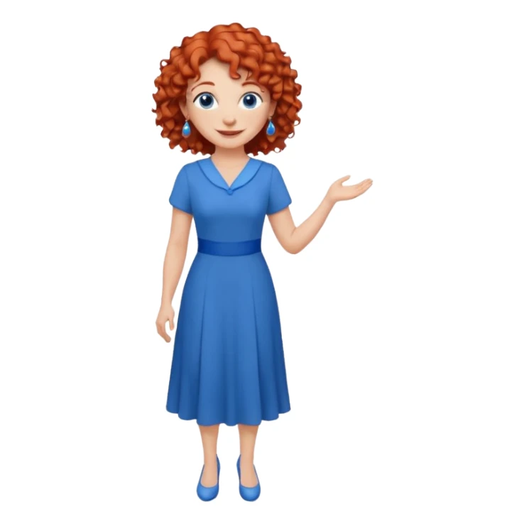una profesora mayor simpática con el pelo rojo rizado, ojos azules, vestido azul y pendientes azules hablando sonriendo altura completa  sticker