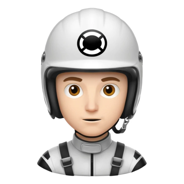 white male racer in helmet, crazy look sticker