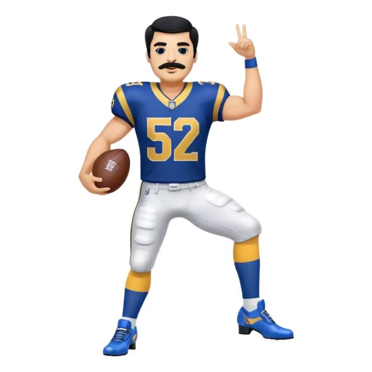 Chill guy in LA Rams jersey  with nu.ber 52. Black hair black mustache. Full body. Blue heels sticker