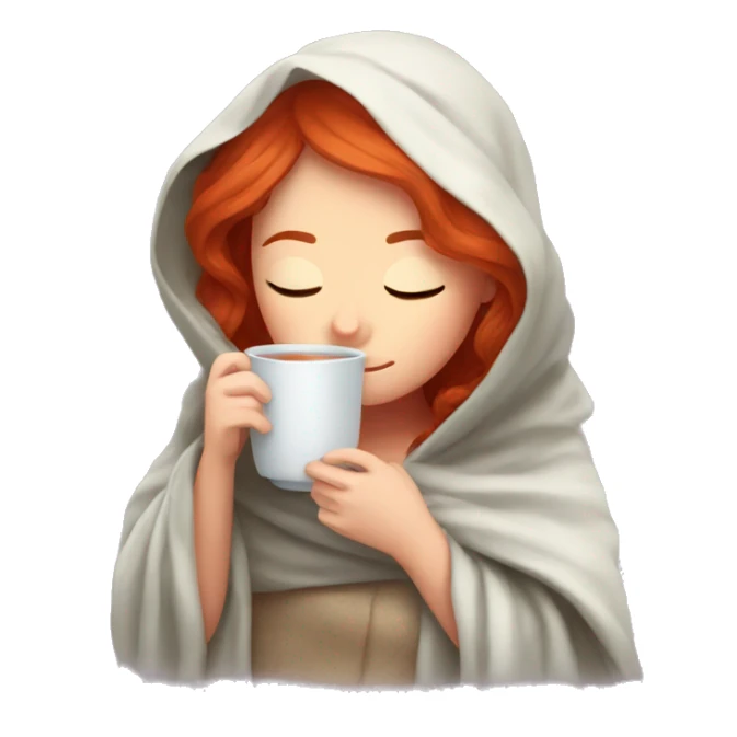 red hair girl wrapped in blanket drinking tea with eyes closed sticker