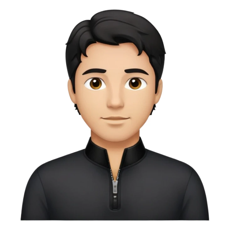 Man with wavy black hair in comfortable black zippered collar shirt, regular fit not tight sticker