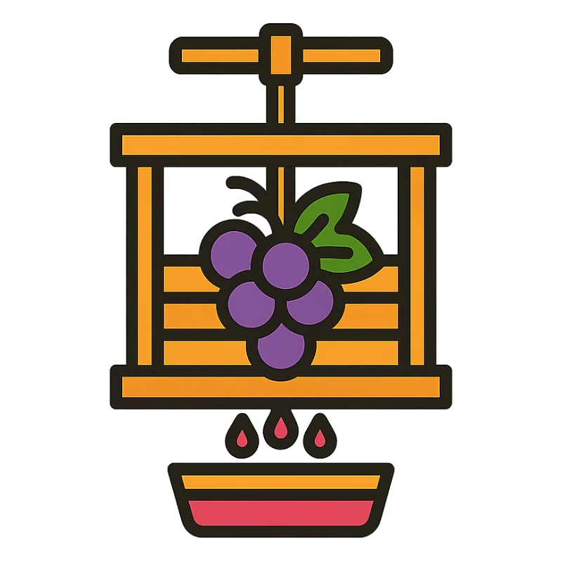 icon representing crushing in wine making process, color outline style sticker