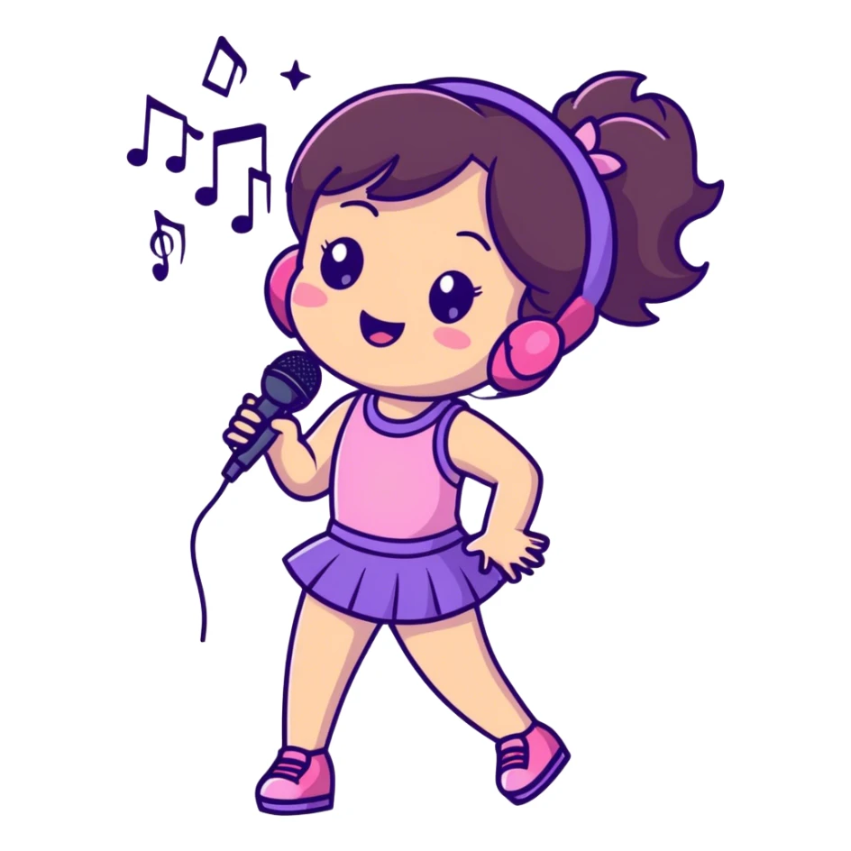 Cute Little brunette girl singing into a microphone and dancing while wearing pink and purple and sparkles  sticker