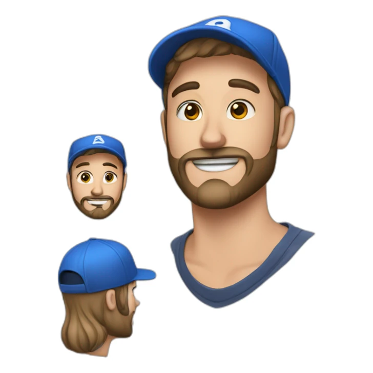 a handsome bearded man in a blue cap and with a piercing in the nose wing is grinning sticker