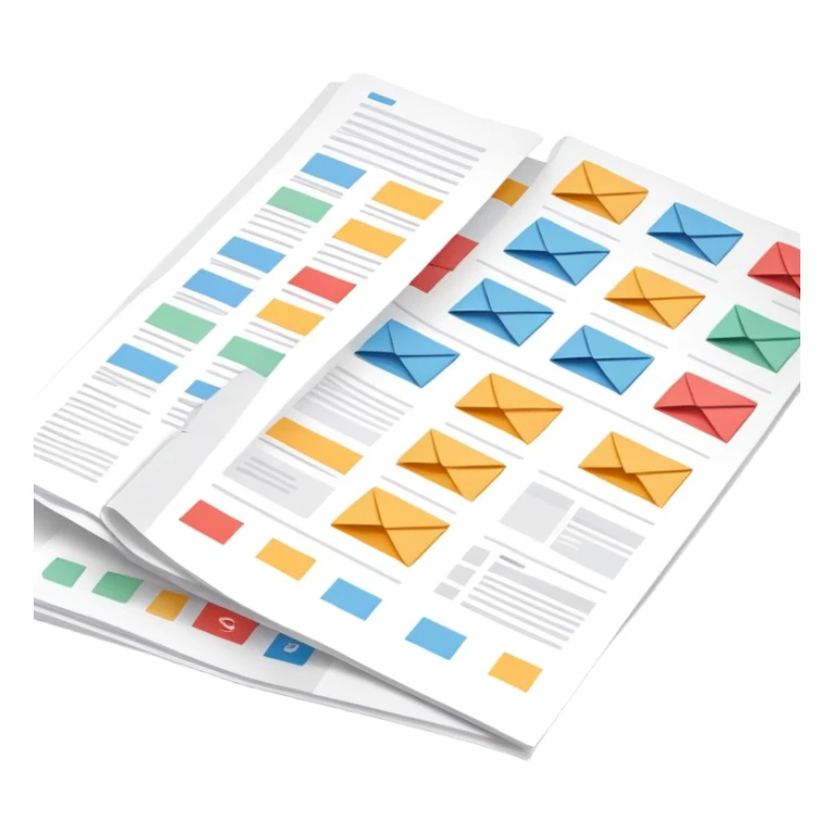  folded marketing sheet with colored tabs and layout lines sticker