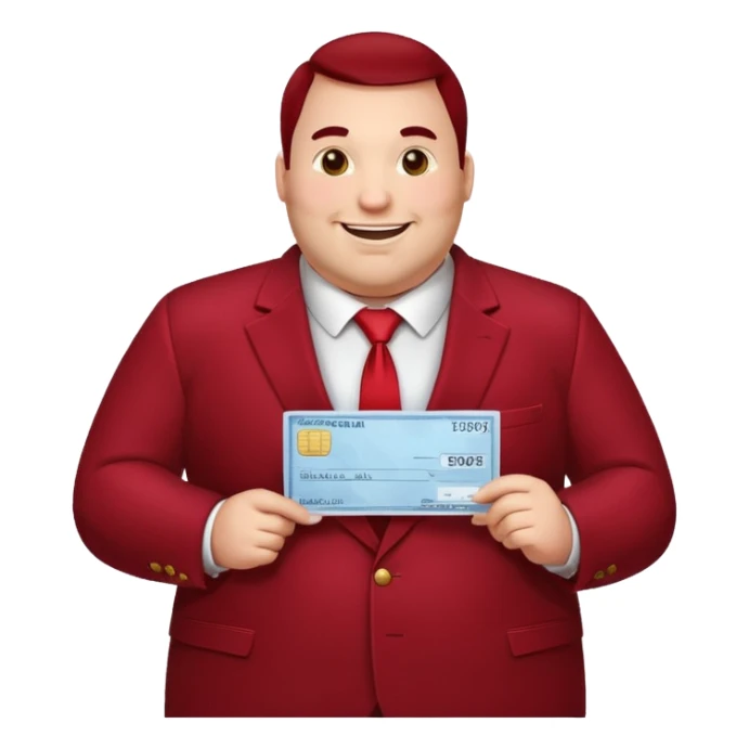 big fat guy bold head in dark red velvet suit holding cheque sticker