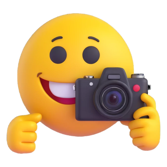 3D smiley emoji, round shape, photographer: holding camera, funny face sticker