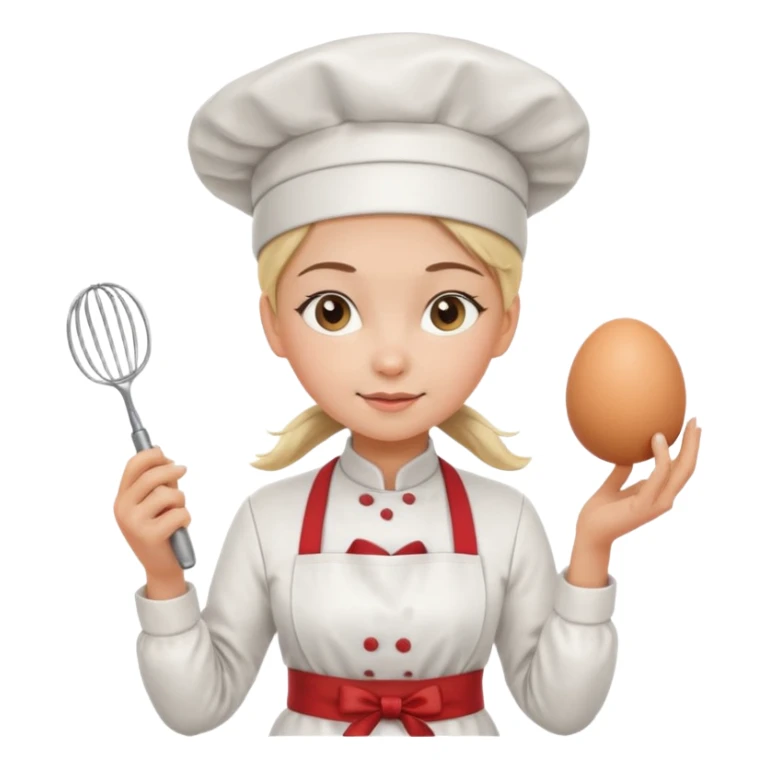 Young female pastry chef - ponytail, apron, wearing a white hat, holding an egg beater in her right hand
 sticker