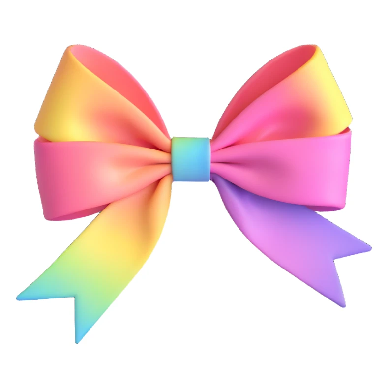 3D emoji style bow, pastel pink, rainbow gradient effect sticker