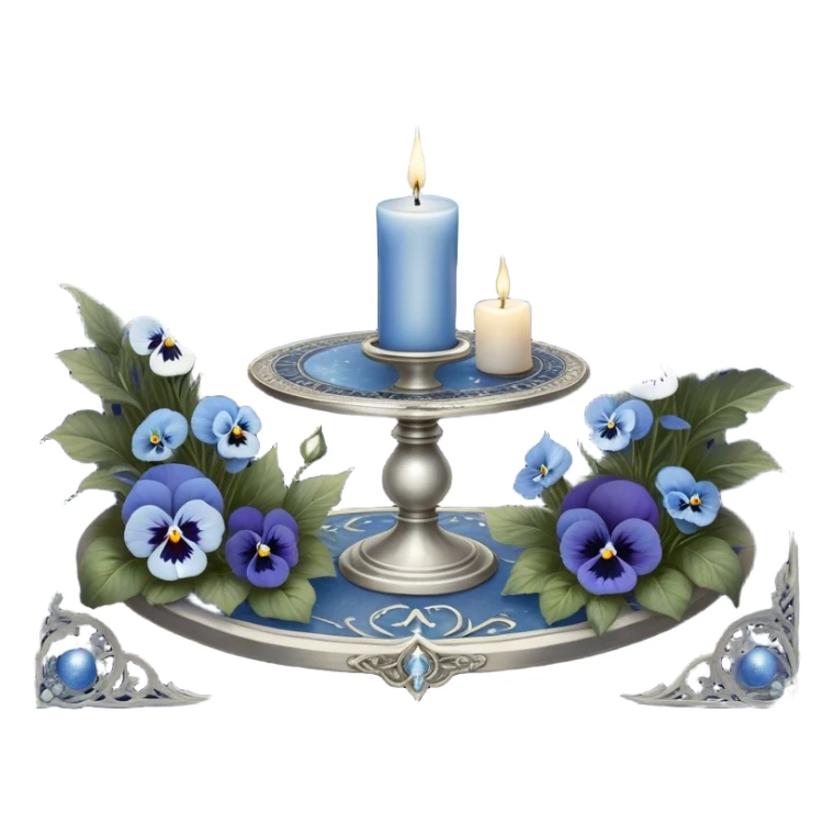 A mystical scene where deep blue and light blue pansies bloom under a silver crescent moon, casting an ethereal glow across the enchanted garden. A round, pearl-colored candle flickers atop an ornate silver stand, its wax melting into swirling patterns resembling planetary orbits. Surrounding it, a set of celestial tarot cards—The Moon, The Star, and The High Priestess—are carefully placed, their intricate silver engravings shimmering with divinatory power. The background sky is adorned with floating zodiac constellations, softly pulsing as if alive, while a trail of stardust leads to a glowing cosmic portal that opens into a swirling galaxy. sticker