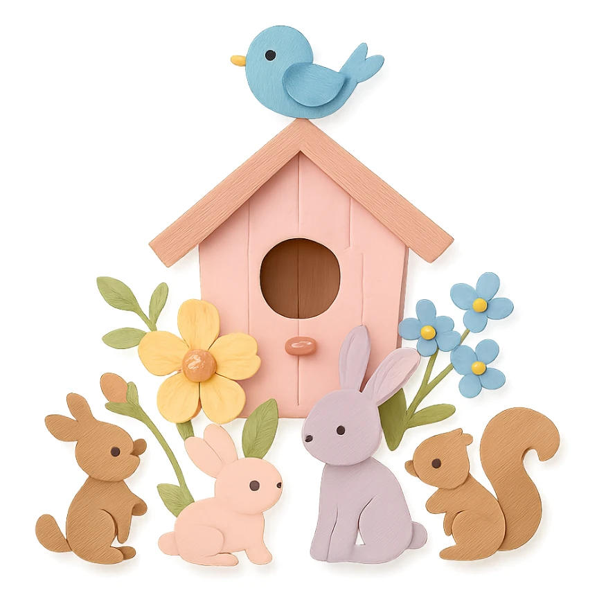 birdhouse with flowers and forest creatures including bunnies, birds, squirrels, soft pastel colors, transparent background sticker