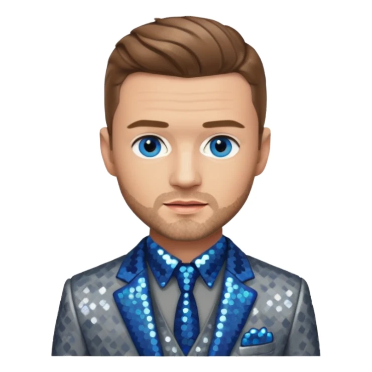 Justin Timberlake with light brown hair, blue eyes, sequin grey suit jacket sticker