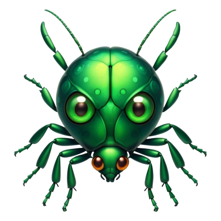 Cinematic Cute Green Bugdie Portrait Emoji, Head tilted playfully and inquisitively, featuring a glossy, vibrant emerald exoskeleton with intricate patterns, round, sparkling multifaceted eyes filled with curiosity, Simplified yet irresistibly adorable features, highly detailed, glowing with a warm, friendly glow, high shine, affectionate and lively, stylized with a touch of whimsy, bright and endearing, soft glowing outline, capturing the essence of a mischievous yet charming bug, so playful it feels like it could buzz out of the screen and into your arms! sticker