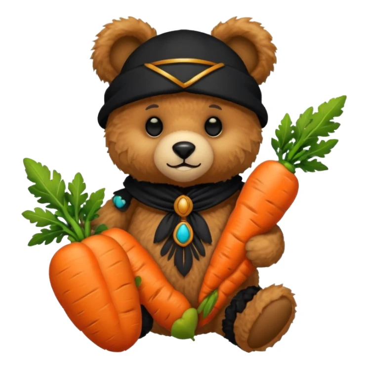 teddy bear, wearing black mayan ancient custome, with carrot sticker