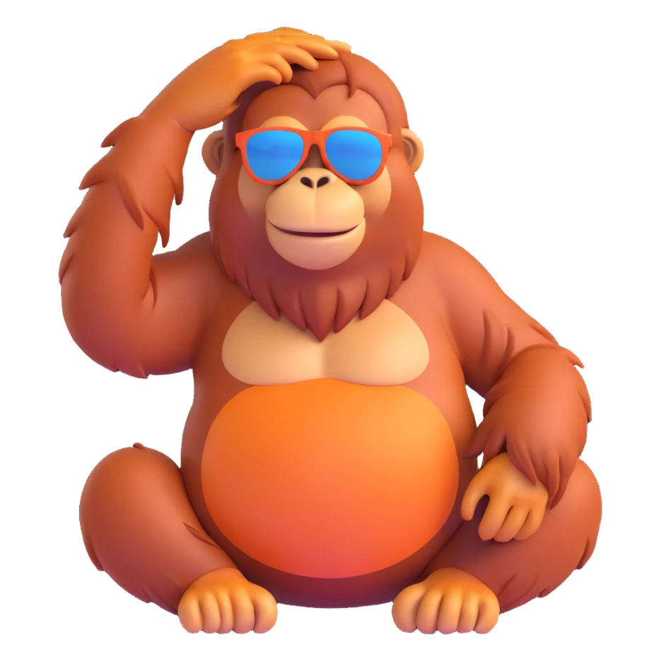 a cool orangutan wearing sunglasses in a relaxed pose, fun and expressive sticker