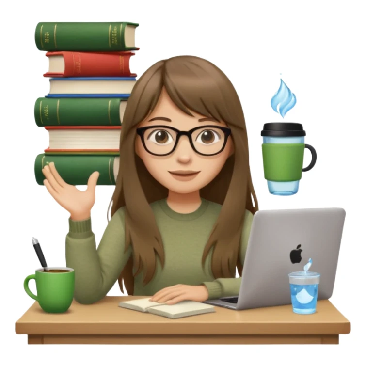a designer with light skin long brown hair bangs waving, stack of books, coffee cup on top, water bottle, computer, matcha  sticker