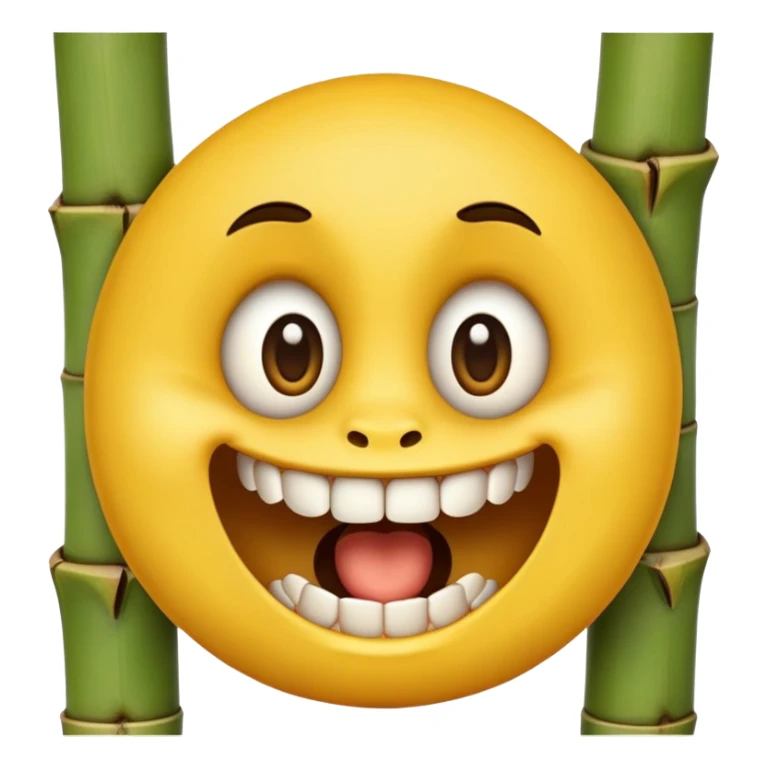classic yellow emoji face with large eyes biting firmly on bamboo muzzle, teeth visible sticker
