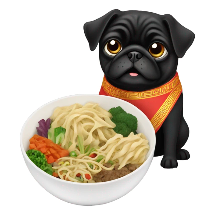 Black pug eating Chinese food sticker