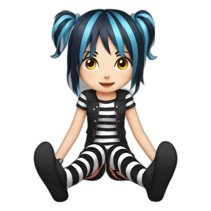 Frontal view curvy emo girl sits striped stockings hands up sticker