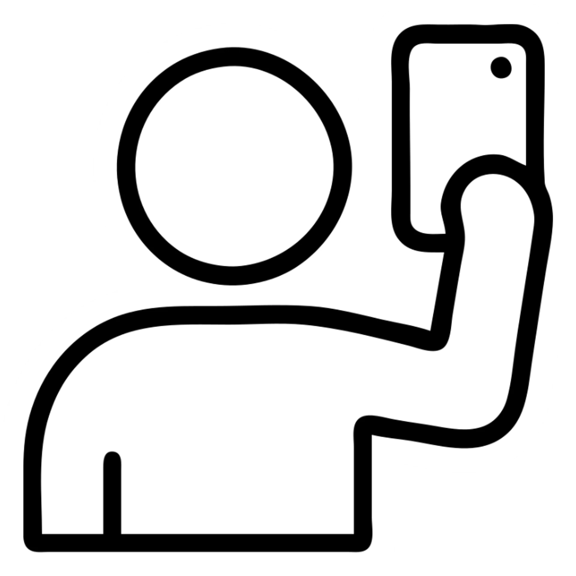 minimalist and bold selfie icon with clean black outlines and no fill, showing a person holding a phone, modern icon style sticker