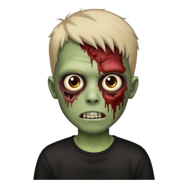 crie um menino zumbi emo sem sangues, com apenas a pele de zumbi e uma camisa preta sticker