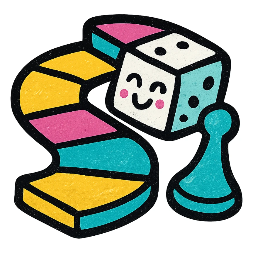 joyful fun board game icon featuring colorful squares, evoking classic board games, playful vibe sticker