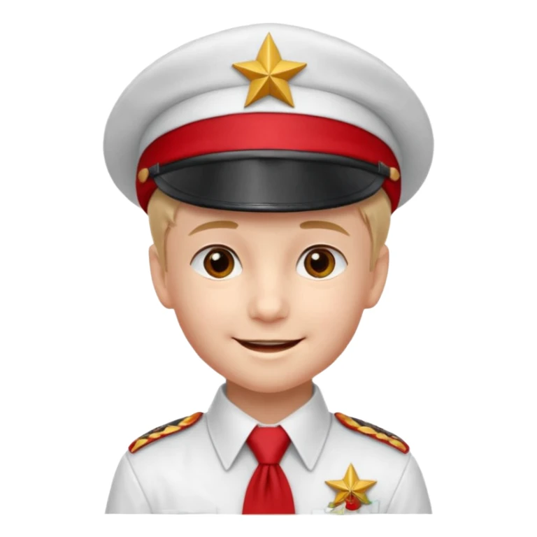 A Soviet pioneer emoji — smiling young boy wearing a white shirt with a bright red pioneer necktie and a classic red pilotka cap. The pilotka should look like a Soviet military cap, not a cowboy hat. Flat, smooth 3D shading sticker