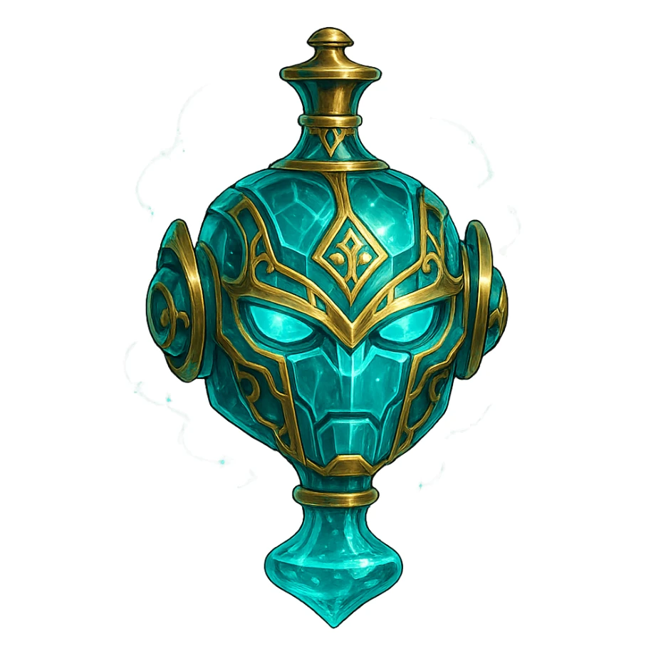 crystal luxurious elixir bottle in the shape of a robot head, cyan color, lots of glowing, edges, ornaments, golden details, magical effects, very small golden neck, transparent background, beautiful merging bottom, clearly floating in the air, no base or shadow, very luxurious, futuristic, matching the collection sticker