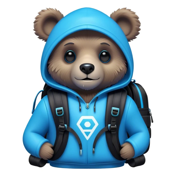 3D, adorable little Pixar style blue neon punk bear with a black backpack, ultra detailed, each lash, eye, and strand of fur is shown in stunning detail as though captured in a timeless photograph, rich textures, visually rich, so lifelike it feels like it could leap off the page at any moment sticker