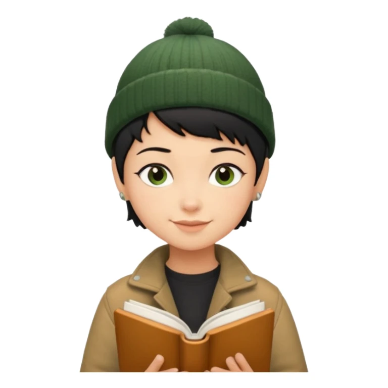 tan skin, non binary person with pixie cut black hair, wearing brown jacket and dark green beanie, shy smile , reading  book  sticker