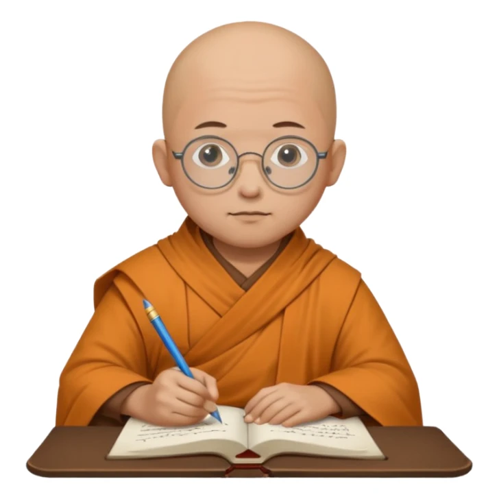 A bald scholar monk with round glasses, writing notes with quiet concentration.
 sticker