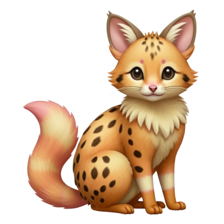 Hyper realistic  sunlit apricot-peach fur brushed with rose-gold pollen shimmer beautiful elegant pretty precious cute  Fakémon-Pokémon-opossum-feline-serval-caracal-chinchilla-Furret-Minccino-hybrid-creature with a big fluffy bushy tail (full body) sticker