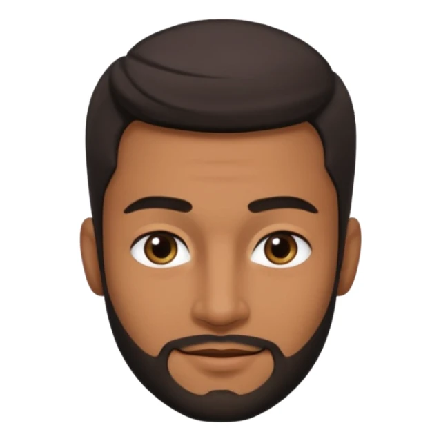 Dark olive skin man, center rised eyebrows, very light smile so that lips are very close to liner and horizontal, some how liner and small eyes sticker