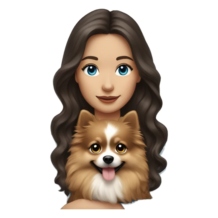 brunette long wavy hair girl blue eyes holding a Pomeranian sticker