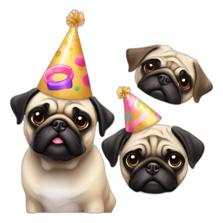 One pug and one black pug with birthday hat sticker